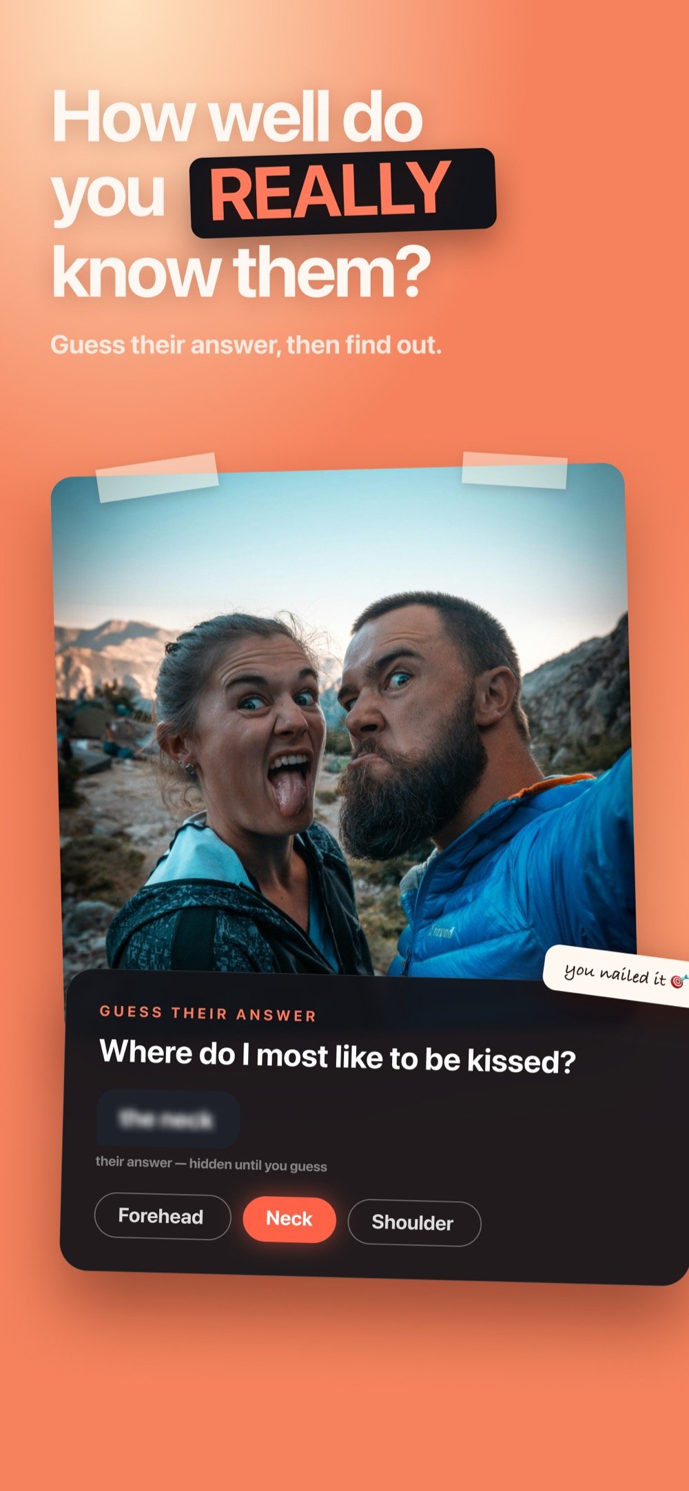 Guess their answer before it unlocks: the question &ldquo;Where do I most like to be kissed?&rdquo; with their answer blurred until you pick.