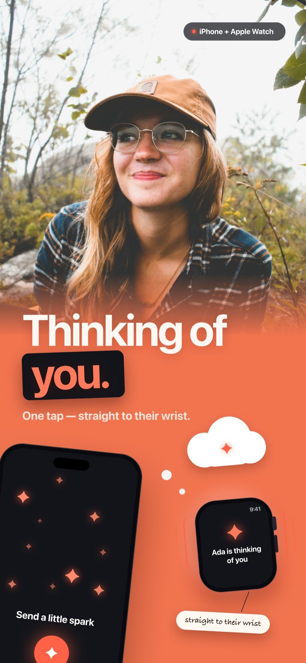 Sending a spark from the iPhone and it arriving on the partner's Apple Watch as &ldquo;Ada is thinking of you&rdquo;.