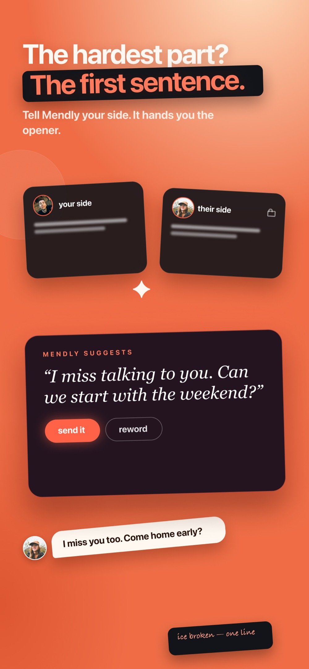 Each partner writes their side, then Mendly suggests an opener: &ldquo;I miss talking to you. Can we start with the weekend?&rdquo;