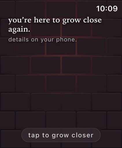 A brick wall with the words &ldquo;you're here to grow close again&rdquo; and a tap to grow closer button.